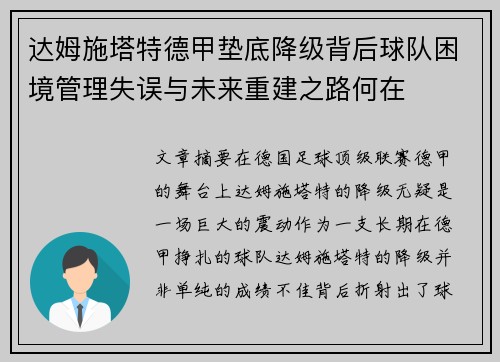 达姆施塔特德甲垫底降级背后球队困境管理失误与未来重建之路何在